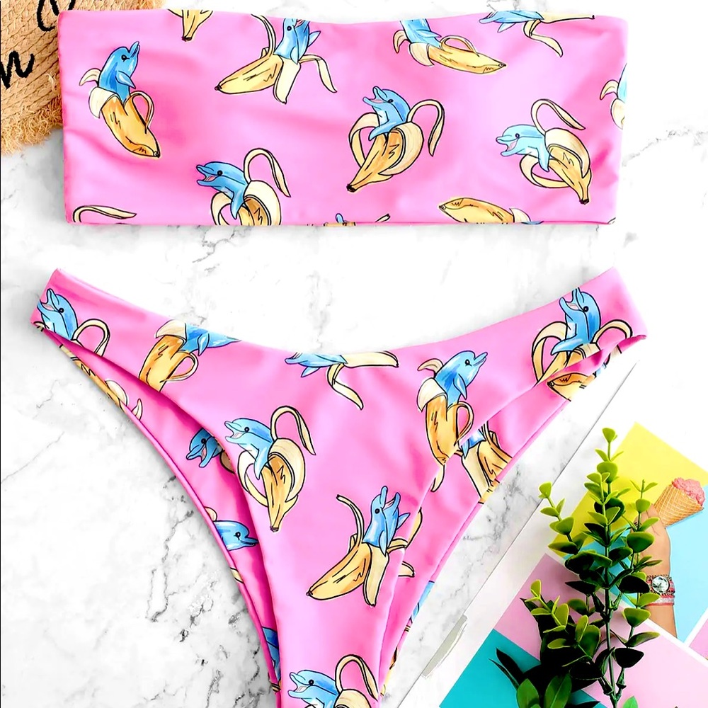Graphic dolphin banana bandeau bikini set